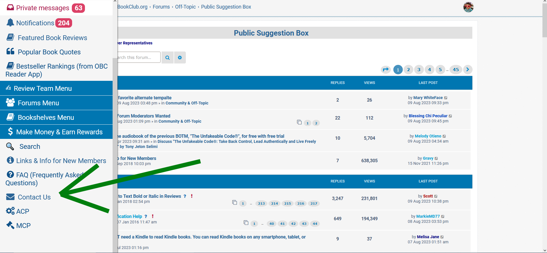 This is where you can find the contact link in the main navigation menu.